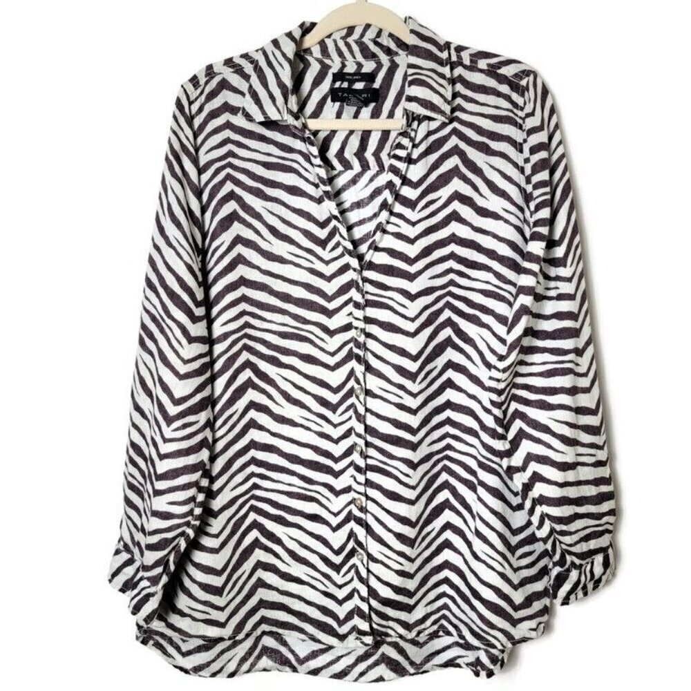 Tahari Linen Zebra Animal Print Beachy Long Sleeve Roll Tab Button Up Shirt L